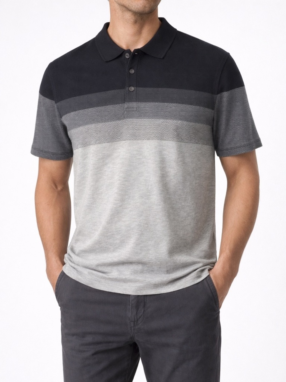 Alfani Men’s XXL Black Gray Stretch Polo Shirt Modern Stripe Casual Golf